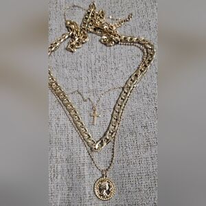 Gold Layered Necklace Set with Cross and Medallion